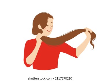 Hair care, hairdo, beauty, saloon procedure concept. Hairstyle, healthy chevelure, cosmetic products effect, young woman combing her hair, taking care of herself. Simple flat vector