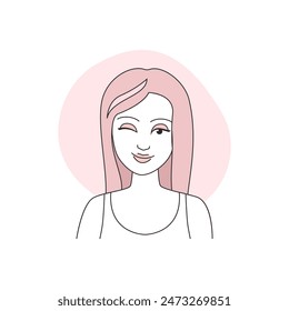 Hair care in hairdresser and at home, girl with new hairstyle winking vector illustration