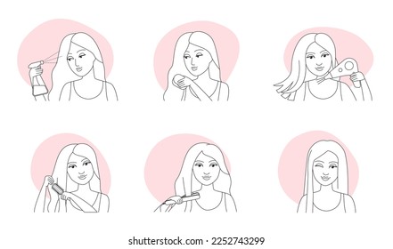 Cuidados de pelo, iconos de línea delgada de peinado establecen la ilustración vectorial. Instrucciones de esquema con masaje femenino con peine y cepillo, secado con secador de pelo, pelo rizado planchado con alisador