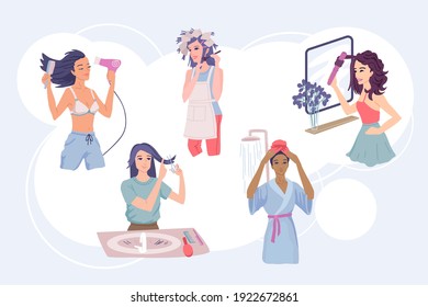 Cuidado del pelo, tratamientos de belleza en casa para el peinado, lavado y estilizado, coloreado y corte para usted mismo. Diferentes naciones ambientadas por las mujeres. Ilustración del vector