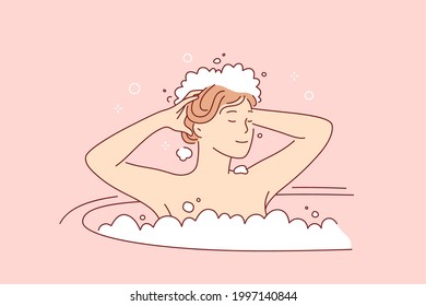 Hair Care And Hygiene Concept. Young Smiling Woman Cartoon Character Washing Hair In Bathroom With Shampoo And Bubble Foam Vector Illustration 