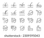 Hair care icon set. It included shampoo, scalp, conditioner, hair treatment, washing and more icons. Editable Stroke.