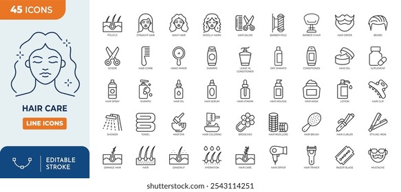 Hair care icon set. It included shampoo, scalp, conditioner, hair treatment, washing and more icons. Editable Stroke.