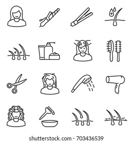 Hair care, icon set. Linear design. line with editable stroke. Collection of icons