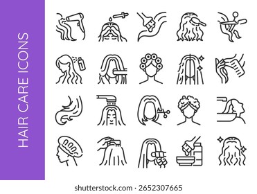 Hair care icons. Large set of hair care trendy minimal icons. Example: Hairdryer, Oil, Brush, Curlers, Shampoo icon. Design signs for web page mobile app packaging design. Vector illustration