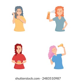 Hair care icons set cartoon vector. Woman take care of her hair. Beauty concept