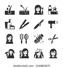 Hair care icons set. Make your hair look good. Nourishing the hair and scalp. 
Strengthening the hair, equipment . Monochrome black and white icon.