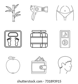 Hair care icons set. Outline set of 9 hair care vector icons for web isolated on white background
