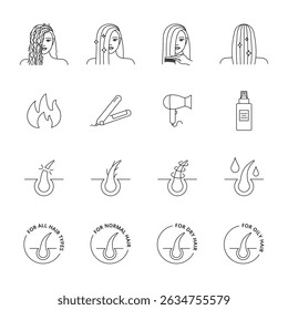 Hair care icons set. Hair treatment illustrations line style editable stroke