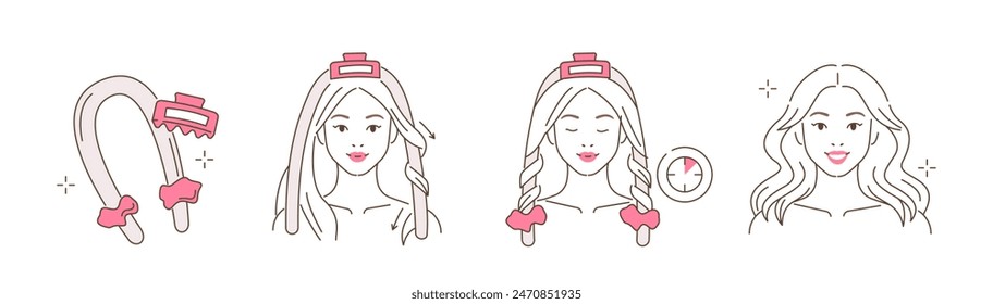 Hair care illustrations set. Collection of girl making styling waves with heatless curl band. Beauty concept. Vector illustration.