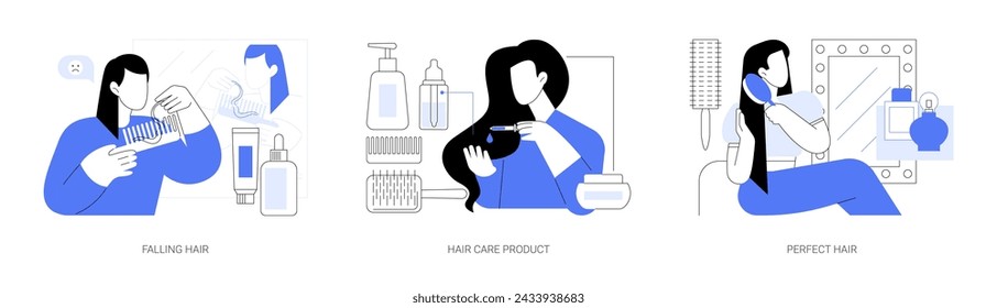 Hair care isolated cartoon vector illustrations set. Woman having problem with hair falling, applying oil mask, at home treatment, happy girl combing long shine hair, morning rituals vector cartoon.