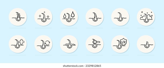 Hair care line icon. Moisturizing, renewal, split ends, weak brittle hair, protection. Pastel color background. Vector line icon