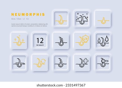 Icono de la línea de cuidado del pelo. champú, acondicionador, cuidado de cuero cabelludo, bálsamo, hidratación, extremos fraccionados. Estilo del neomorfismo. Icono de línea de vector