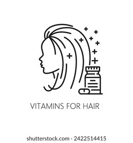 Hair care line icon of vitamins for hair beauty and nutrition treatment, outline vector. Woman head icon and vitamins for dry hair loss or dandruff treatment for healthy hair follicles and growth