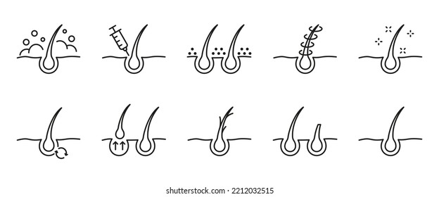 Hair Care and Loss Problem. Hair Cosmetic Line Icons. Shampoo, Dandruff, Haircut, Growth and Alopecia Outline Icon. Treatment and Problem of Hair. Editable Stroke. Isolated Vector illustration. svg