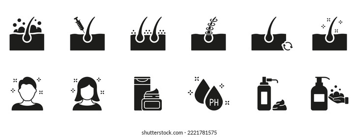 Hair Care and Loss Problem. Treatment and Problem of Hair. Hair Beauty Care Silhouette Icons. Cosmetic Products for Hairstyle Black Icons. Isolated Vector Illustration.