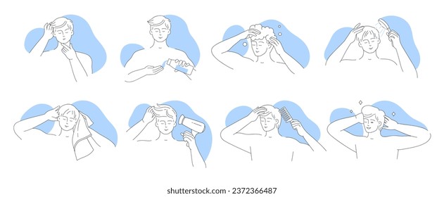 Hair care for man, line icons set vector illustration. Outline characters protect and massage scalp with cosmetic treatment, wash hair with shampoo and conditioner in shower, comb and blow dry