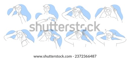 Hair care for man, line icons set vector illustration. Outline characters protect and massage scalp with cosmetic treatment, wash hair with shampoo and conditioner in shower, comb and blow dry