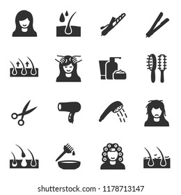 Hair care, monochrome icons set