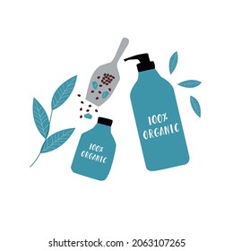 Hair care. Organic shampoo and conditioner. Isolated vector illustration 