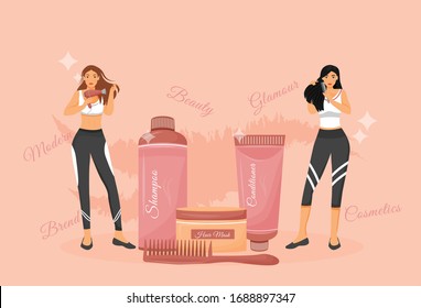 Hair care procedures and products flat concept vector illustration. Women with hairdryer and comb using shampoo and conditioner 2D cartoon characters for web design. Haircare routine creative idea