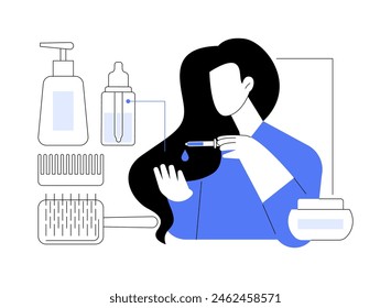 Hair care product isolated cartoon vector illustrations. Attractive girl applying oil mask to hair, people lifestyle, beauty procedures, home treatment, women daily rituals vector cartoon.