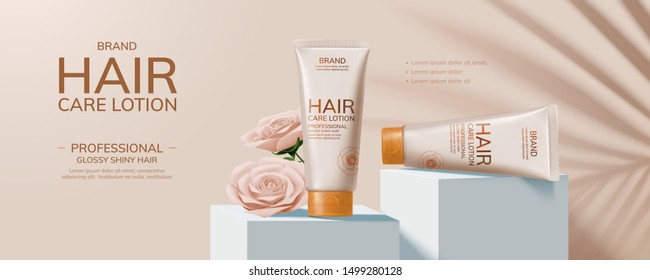 Hair Care Product And Paper Art Roses On Square Podium, 3d Illustration Cosmetic Banner Ads