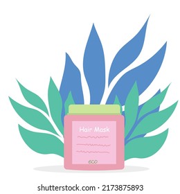 Hair care products hair mask on tropical background. Vector illustration of beauty products