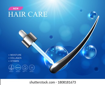 Hair care products,  prevent split ends serum shampoo, cosmetics concept, vector illustration.