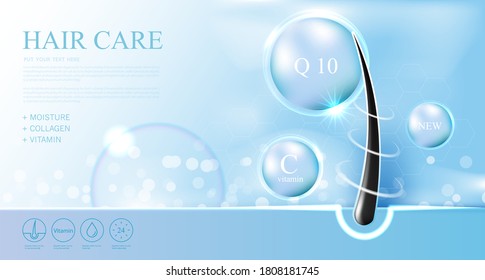 Hair care products,  prevent split ends serum shampoo, cosmetics concept, vector illustration.