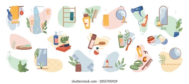 Hair care products set isolated flat cartoon icons. Vector bathroom shower, towel and haircare accessories, shampoo and essential oil, comb brush, mirror and natural herbs plants cosmetics ingredients