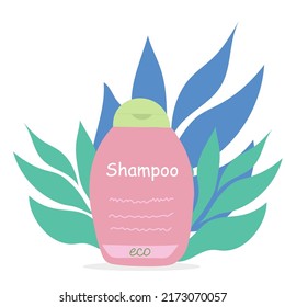 Hair care products shampoo on tropical background. Vector illustration of beauty products