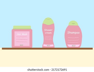 Hair care products shampoo, shower gel, hair mask one brand, on the bathroom shelf. Vector illustration of beauty products