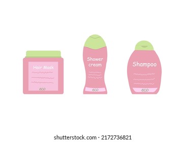 Hair care products shampoo, shower gel, hair mask one brand. Vector illustration of beauty products
