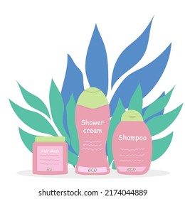 Hair care products shampoo, shower gel, hair mask one brand. Vector illustration of beauty products