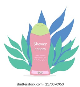 Hair care products shower cream on a tropical background. Vector illustration of beauty products