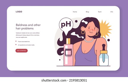 Hair care products web banner or landing page. Character applies hair oil and mask to her hair. Hair treatment procedure. Weak folicule problem, alopecia prevention. Flat vector illustration
