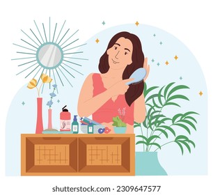 Hair care routine flat composition with pretty brunette applying beauty caring cosmetics products cartoon vector illustration