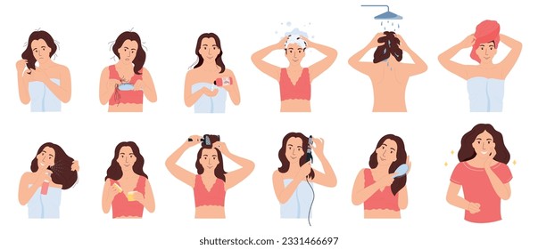 Rutina de cuidado del cabello íconos planos conjunto de personajes femeninos que aplican productos de cuidado de la belleza pelos secos y peinado estilo ilustración vectorial aislada