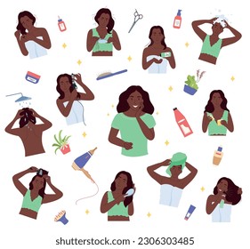 Hair care routine flat set of black woman characters taking care of her hair and scalp skin isolated vector illustration