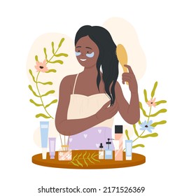 rutina de cuidado del pelo de la niña, procedimiento de belleza matutino diario. Señora caricaturista sosteniendo un cepillo de pelo en la mano para peinarse cerca de la mesa con productos cosméticos saludables probando cosméticos blog, reseñas, influencer