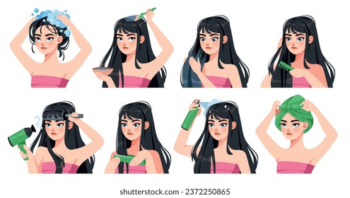 Hair care routine. Girl with long dark hair, washing, drying, combing and applying mask, volume shampoo, strength and brilliance. Home spa, cartoon flat style isolated tidy vector set