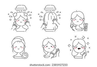 Hair Care Routine Icon Set. Outline Icons Set Illustrating a Young Woman's Steps for Washing, Conditioning, Serum Application, and Enjoying Healthy Hair