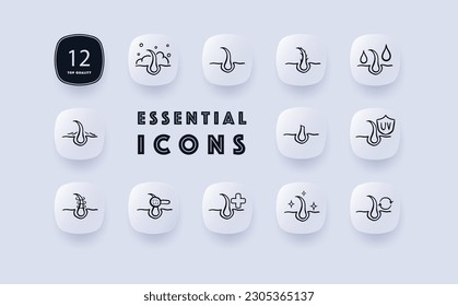 Hair care routine icon set. Shampooing, conditioning, hair mask, brushing, styling, heat protection. Healthy. Neomorphism style. Vector line icon for Business and Advertising