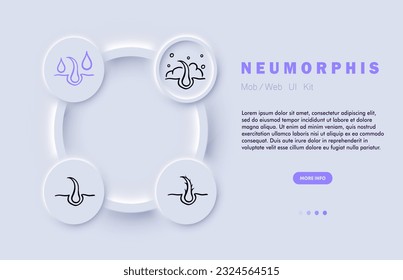 Hair care routine, including shampooing, conditioning, hair mask application, combing, styling, and heat protection. Neomorphism. Vector line icon