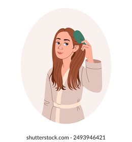 Hair care routine of women. Combing, mask, and cream application. Personal care, Home clothes, morning procedures. Girl with long brown hair with comb in her hands. Vector flat illustration