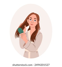 Hair care routine of women. Combing, mask, and cream application. Personal care, Home clothes, morning procedures. Girl with long brown hair with comb in her hands. Vector flat illustration