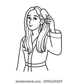 Hair care routine of women doodle illustration. Girl with long brown hair with comb in her hands. Personal care, Home clothes, morning procedures. Vector line illustration