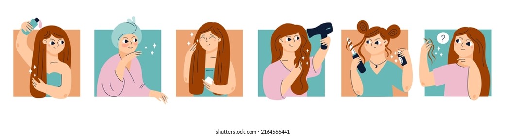 Hair Care Routine. Women Everyday Beauty Caring Steps. Home Spa. Female Making Hairstyle With Curling Iron. Shampoo And Conditioner. Hydration Or Nutrition Cosmetics