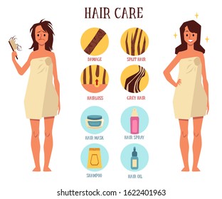 Hair care set - cartoon woman in towel before and after beauty procedure with shampoo, mask, oil and spray. Hair problems and solution products - flat isolated vector illustration